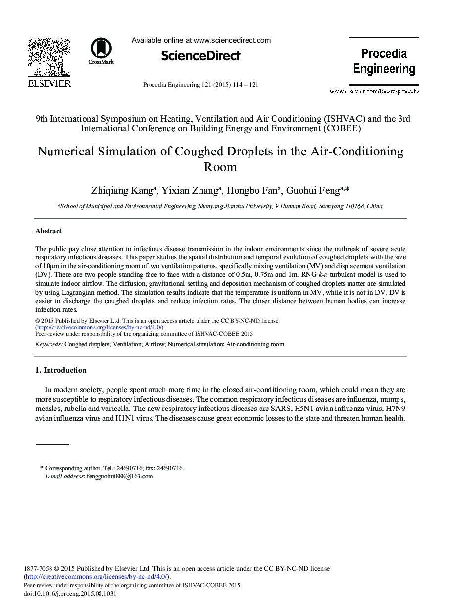 Numerical Simulation of Coughed Droplets in the Air-Conditioning Room 