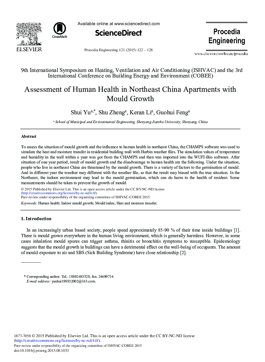 Assessment of Human Health in Northeast China Apartments with Mould Growth 