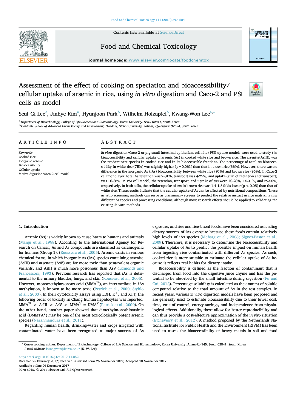 Assessment of the effect of cooking on speciation and bioaccessibility/cellular uptake of arsenic in rice, using in vitro digestion and Caco-2 and PSI cells as model