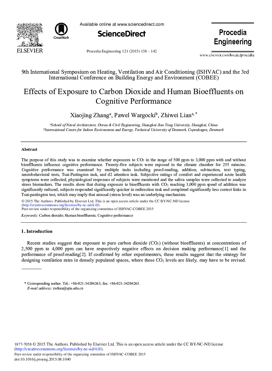 Effects of Exposure to Carbon Dioxide and Human Bioeffluents on Cognitive Performance 