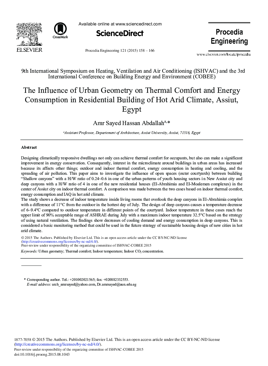 The Influence of Urban Geometry on Thermal Comfort and Energy Consumption in Residential Building of Hot Arid Climate, Assiut, Egypt 