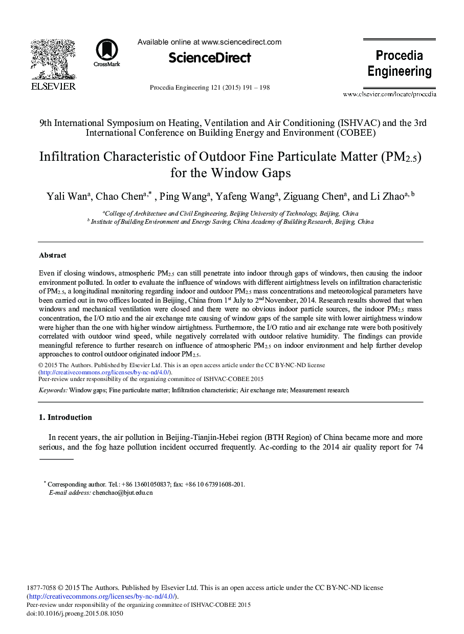 Infiltration Characteristic of Outdoor Fine Particulate Matter (PM2.5) for the Window Gaps 