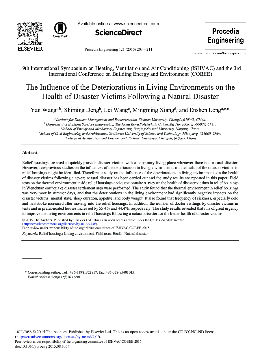 The Influence of the Deteriorations in Living Environments on the Health of Disaster Victims Following a Natural Disaster 