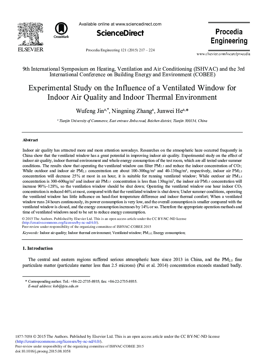 Experimental Study on the Influence of a Ventilated Window for Indoor Air Quality and Indoor Thermal Environment 