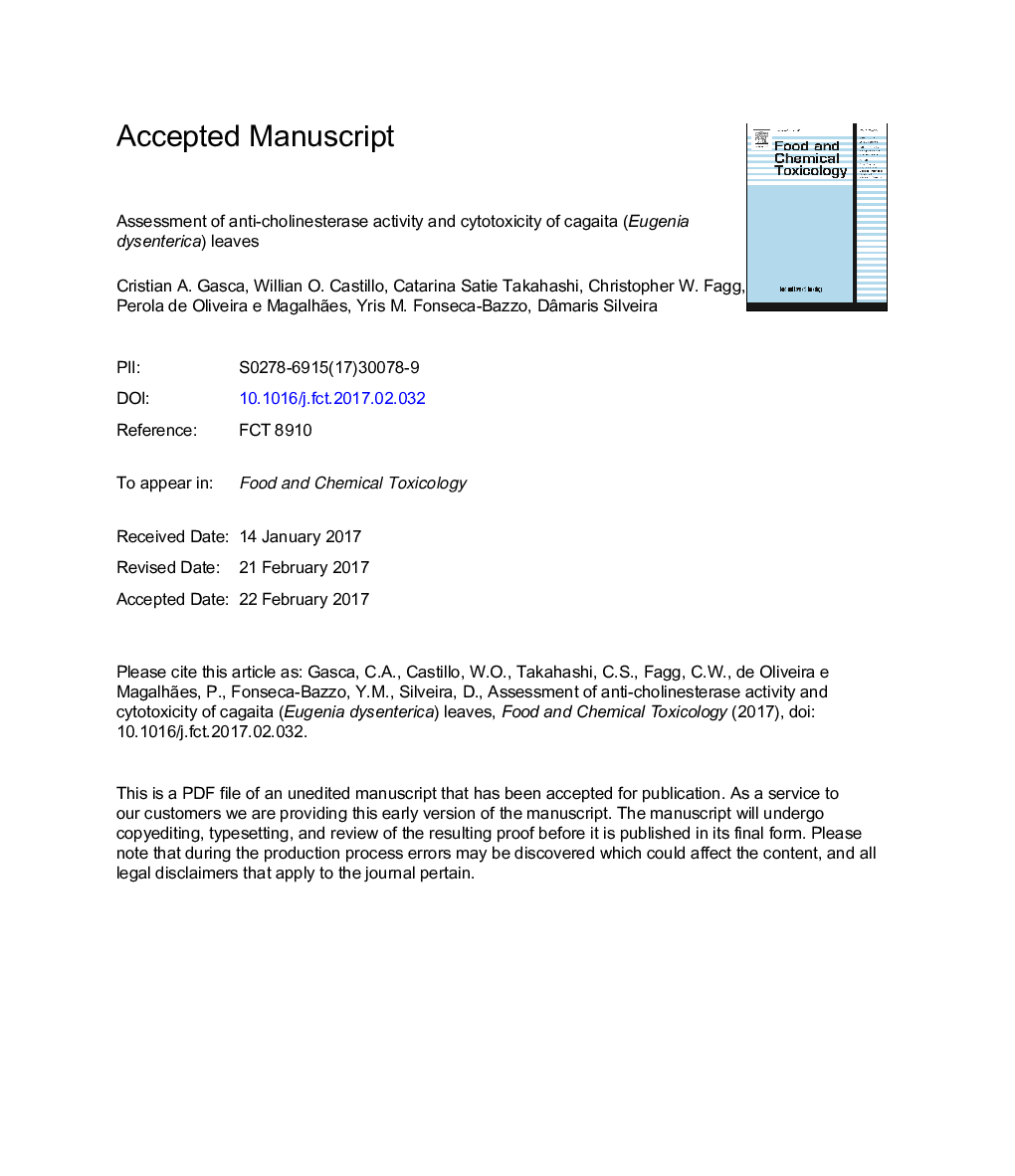 Assessment of anti-cholinesterase activity and cytotoxicity of cagaita (Eugenia dysenterica) leaves