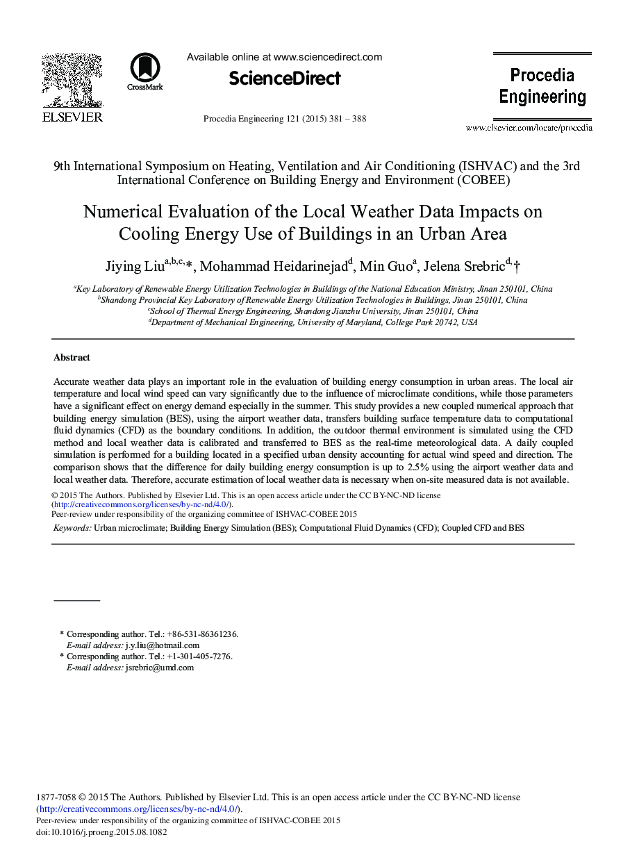 Numerical Evaluation of the Local Weather Data Impacts on Cooling Energy Use of Buildings in an Urban Area 