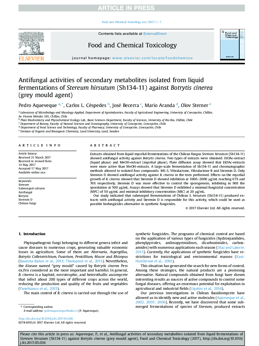 Antifungal activities of secondary metabolites isolated from liquid fermentations of Stereum hirsutum (Sh134-11) against Botrytis cinerea (grey mould agent)