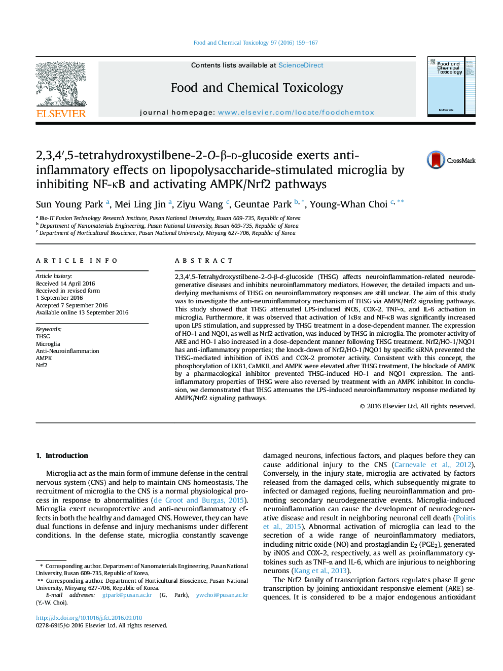 2,3,4â²,5-tetrahydroxystilbene-2-O-Î²-d-glucoside exerts anti-inflammatory effects on lipopolysaccharide-stimulated microglia by inhibiting NF-ÎºB and activating AMPK/Nrf2 pathways