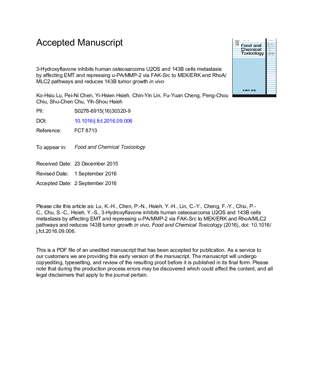 3-Hydroxyflavone inhibits human osteosarcoma U2OS and 143B cells metastasis by affecting EMT and repressing u-PA/MMP-2 via FAK-Src to MEK/ERK and RhoA/MLC2 pathways and reduces 143B tumor growth inÂ vivo