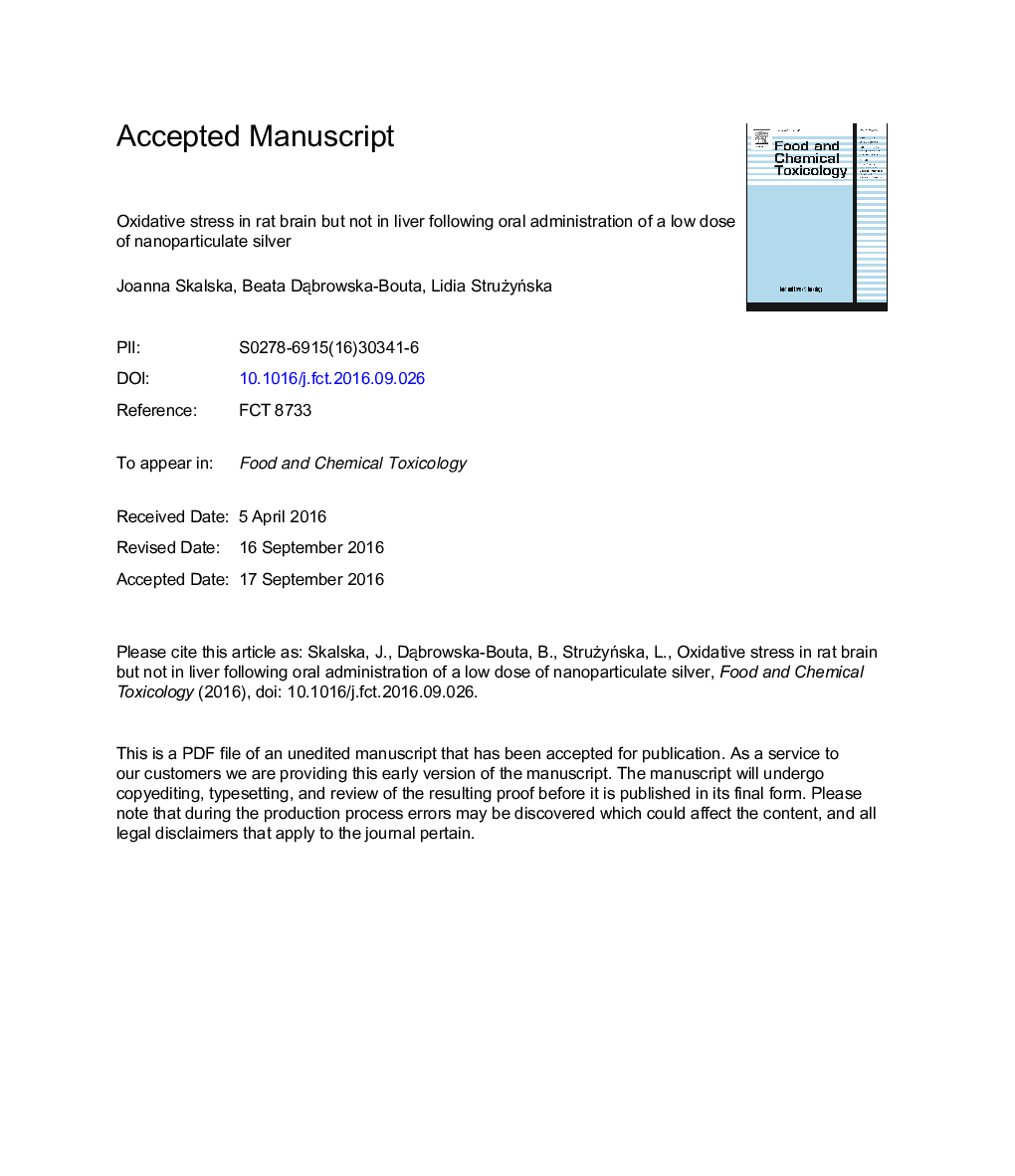 Oxidative stress in rat brain but not in liver following oral administration of a low dose of nanoparticulate silver