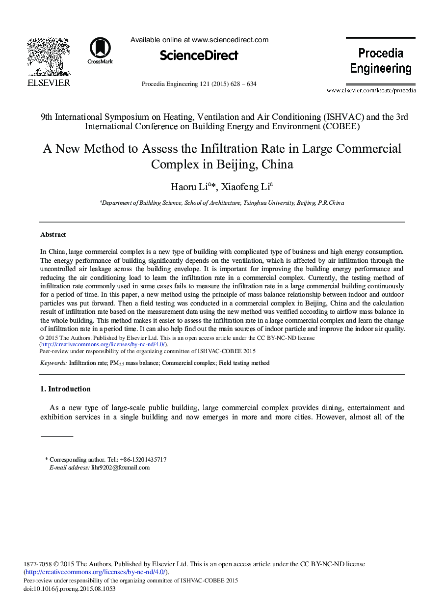 A New Method to Assess the Infiltration Rate in Large Commercial Complex in Beijing, China 