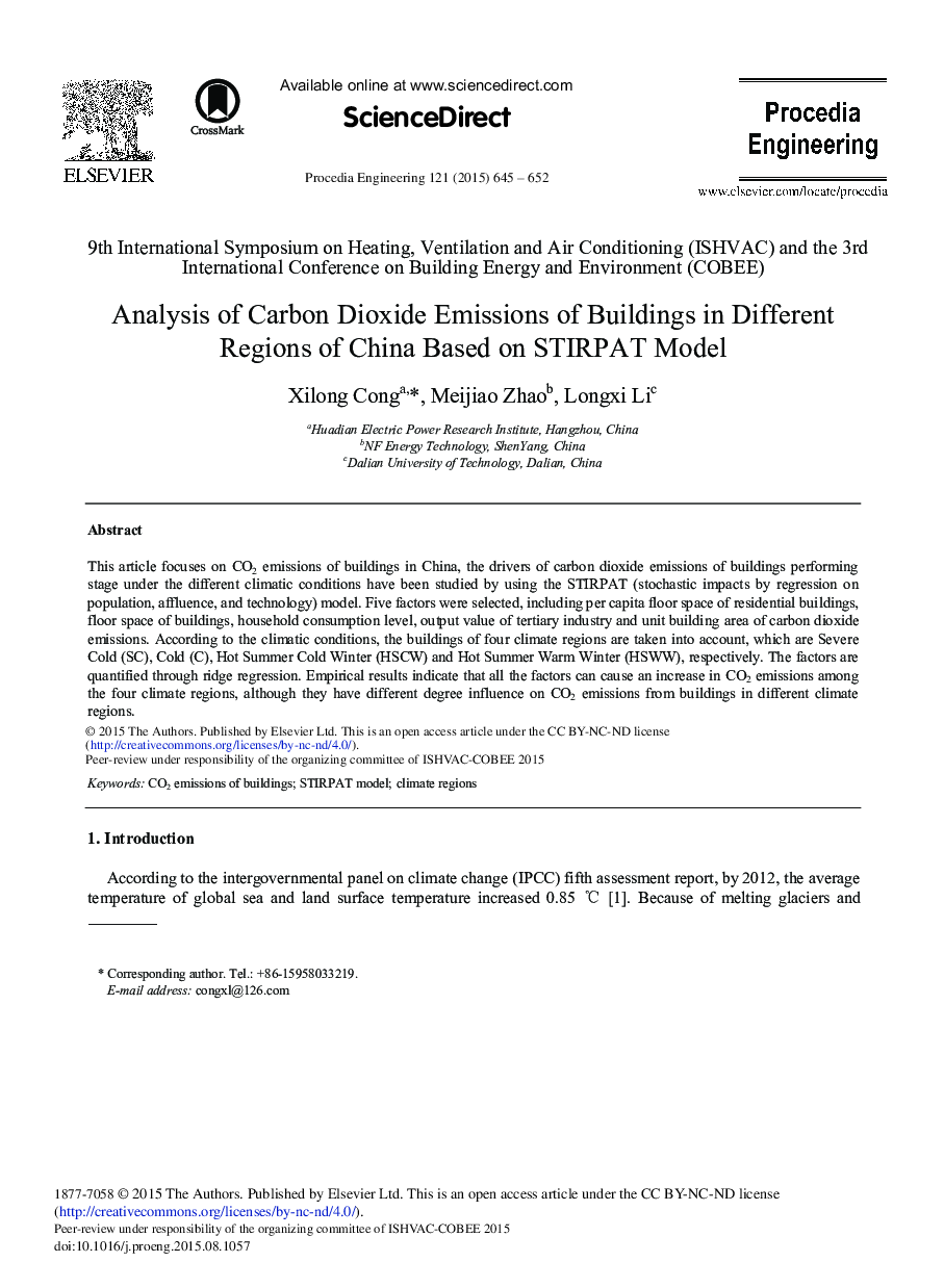 Analysis of Carbon Dioxide Emissions of Buildings in Different Regions of China Based on STIRPAT Model 