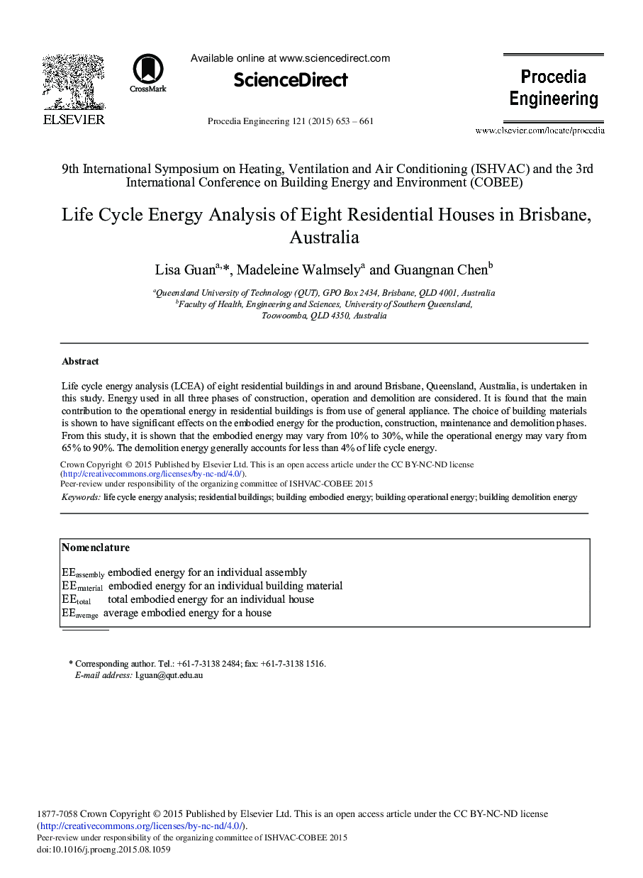 Life Cycle Energy Analysis of Eight Residential Houses in Brisbane, Australia 