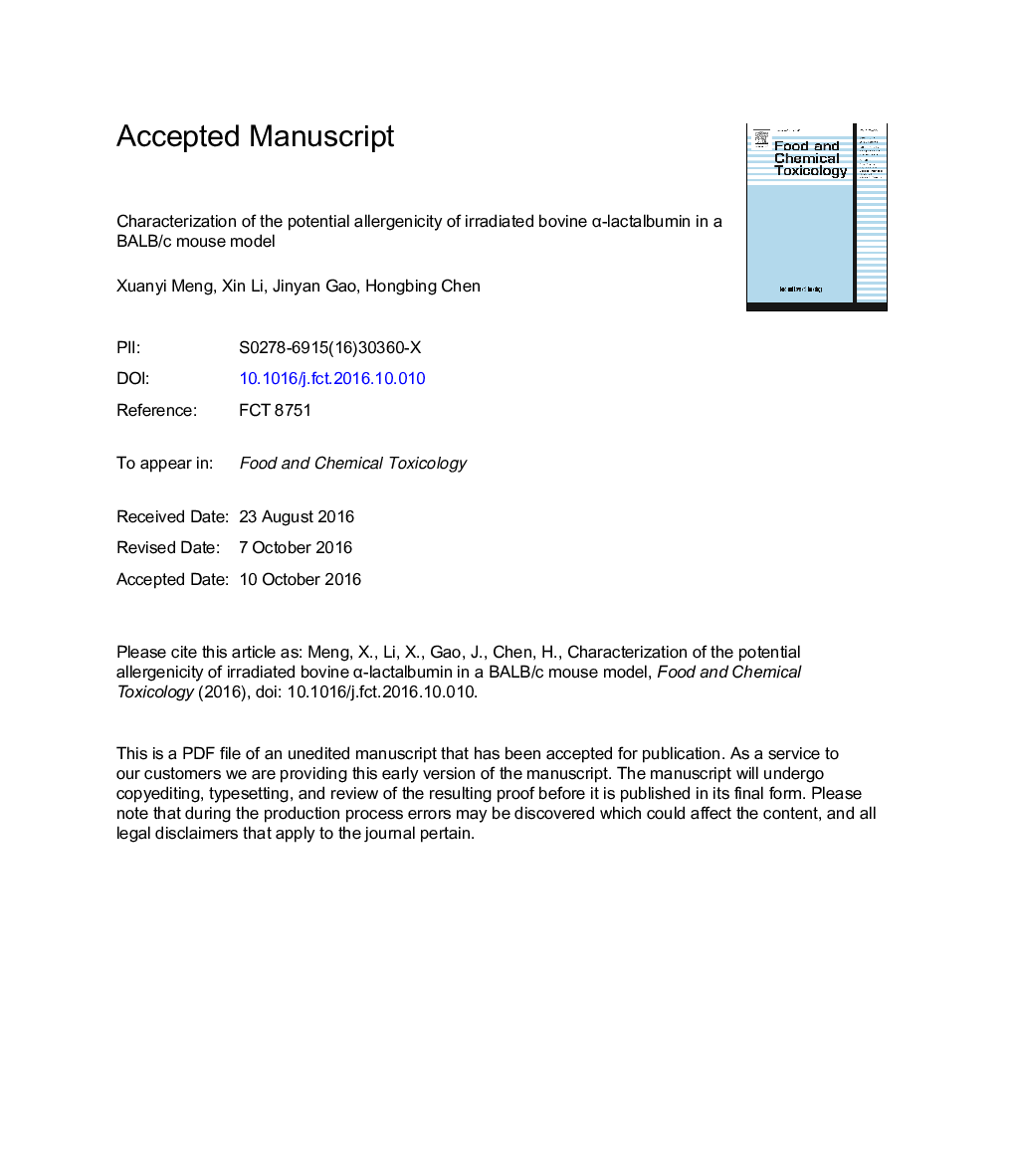 Characterization of the potential allergenicity of irradiated bovine Î±-lactalbumin in a BALB/c mouse model