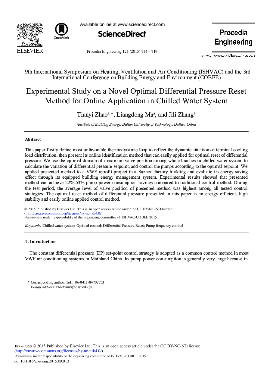 Experimental Study on a Novel Optimal Differential Pressure Reset Method for Online Application in Chilled Water System 