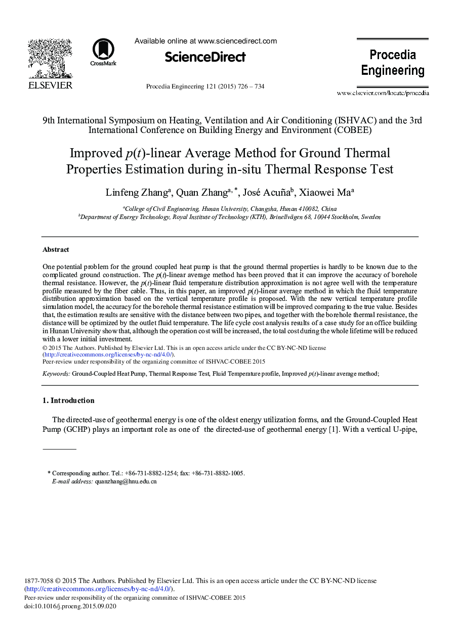 Improved p(t)-linear Average Method for Ground Thermal Properties Estimation during in-situ Thermal Response Test 