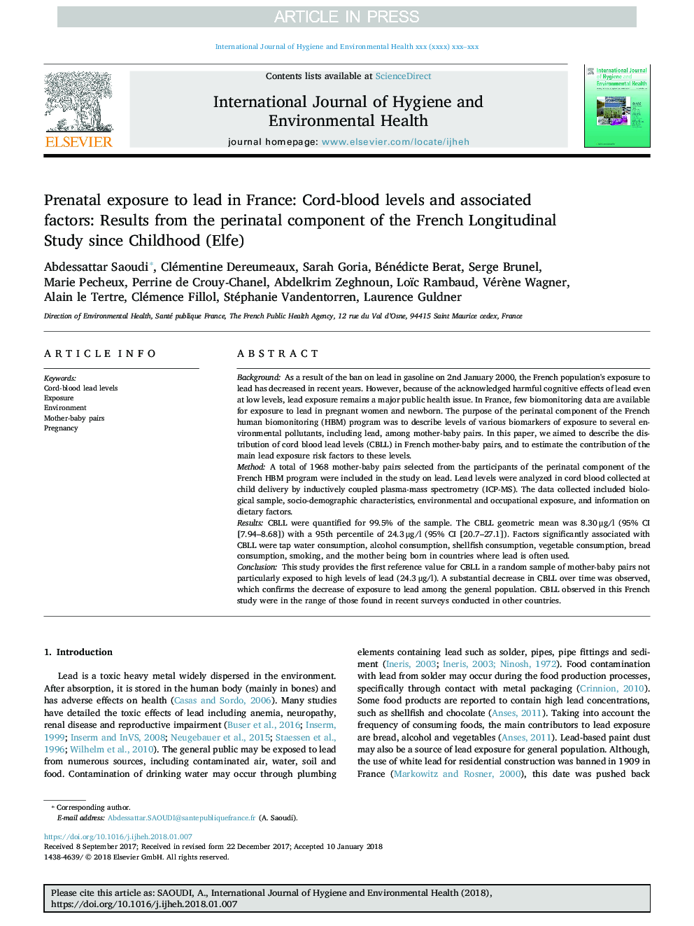 Prenatal exposure to lead in France: Cord-blood levels and associated factors: Results from the perinatal component of the French Longitudinal Study since Childhood (Elfe)