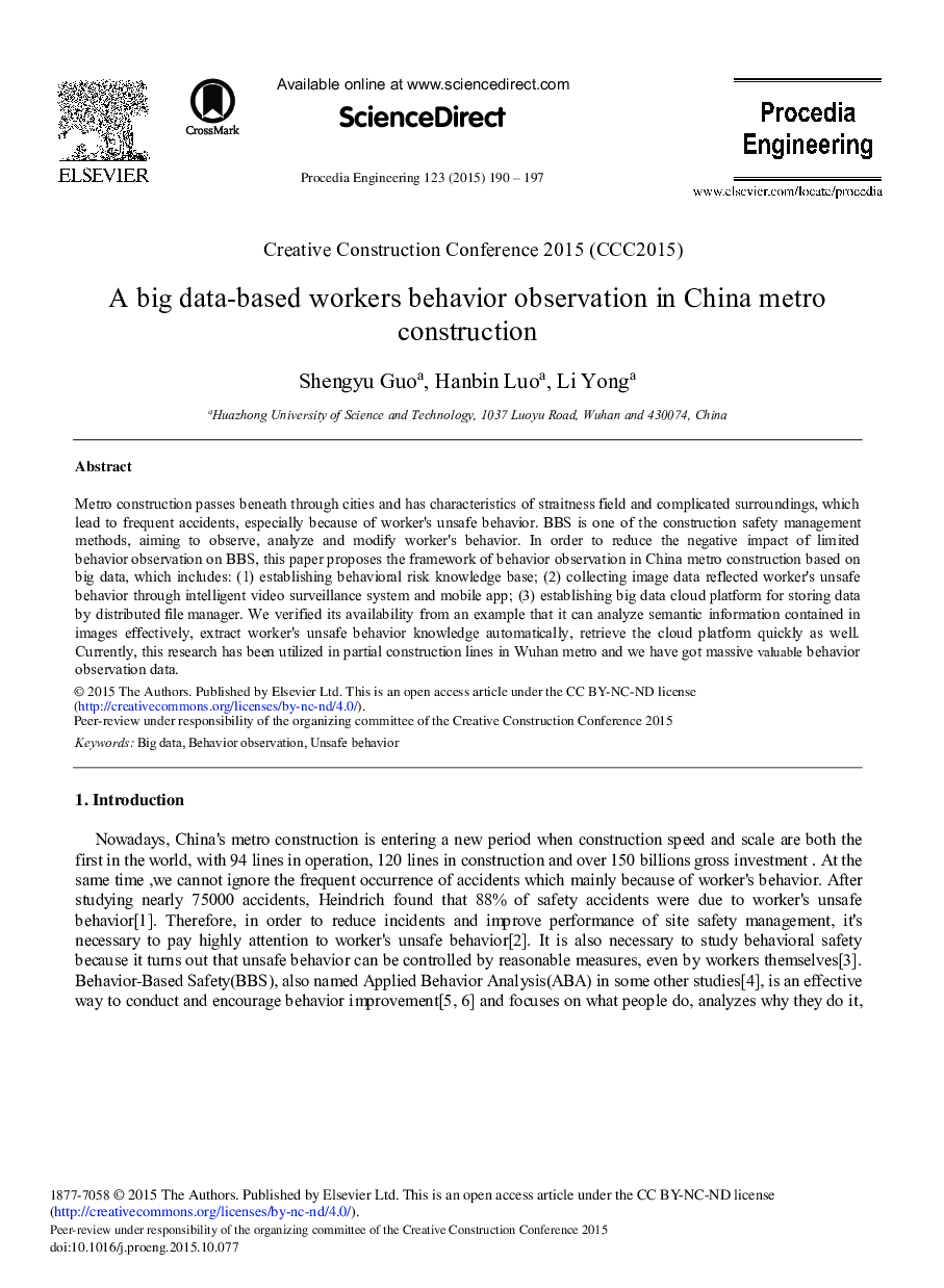 A Big Data-based Workers Behavior Observation in China Metro Construction 