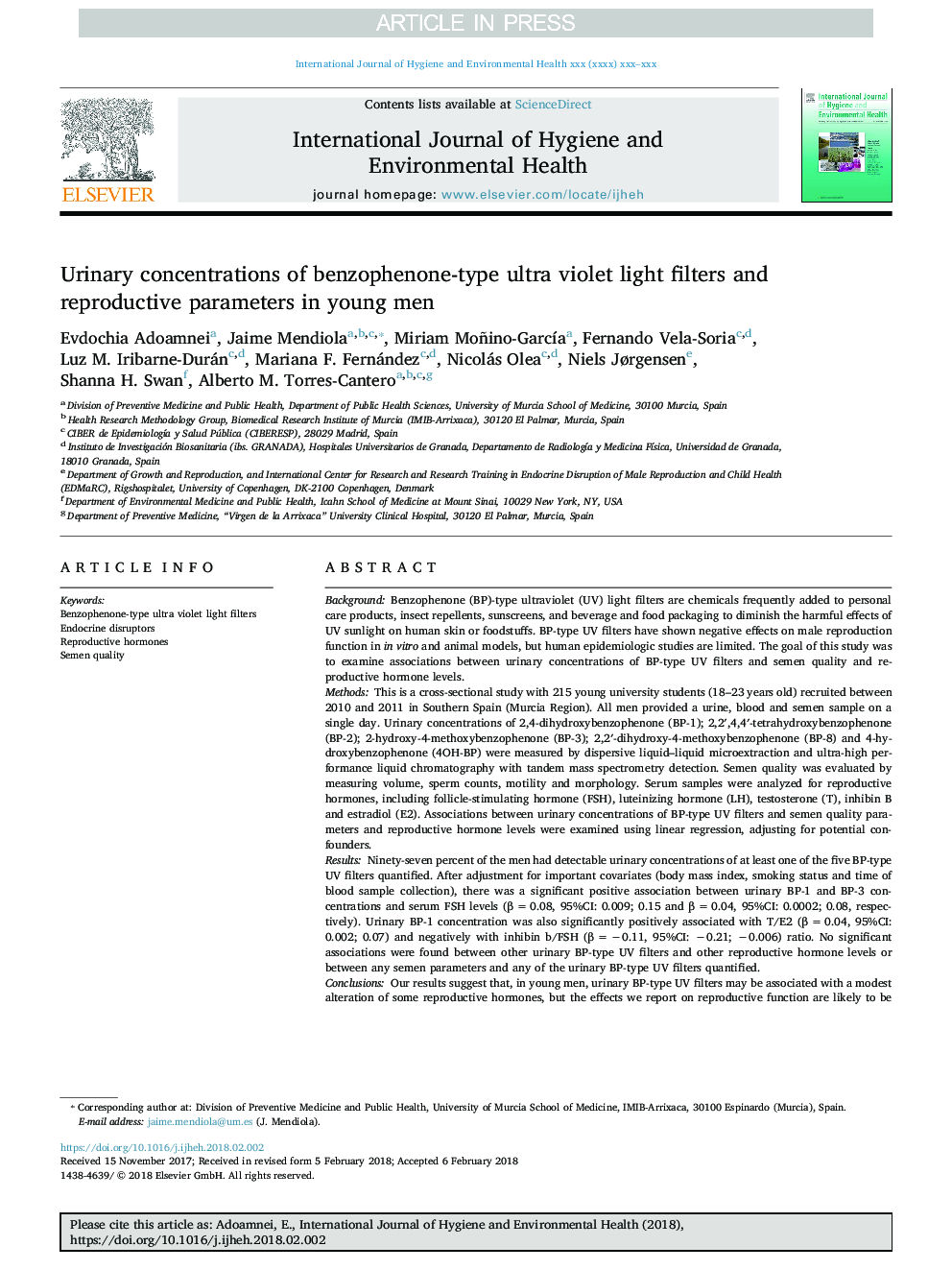 Urinary concentrations of benzophenone-type ultra violet light filters and reproductive parameters in young men