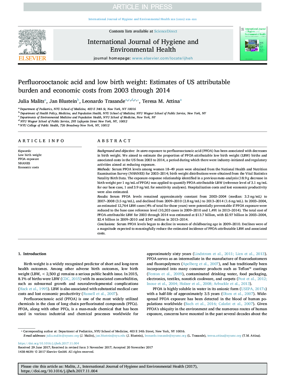 Perfluorooctanoic acid and low birth weight: Estimates of US attributable burden and economic costs from 2003 through 2014