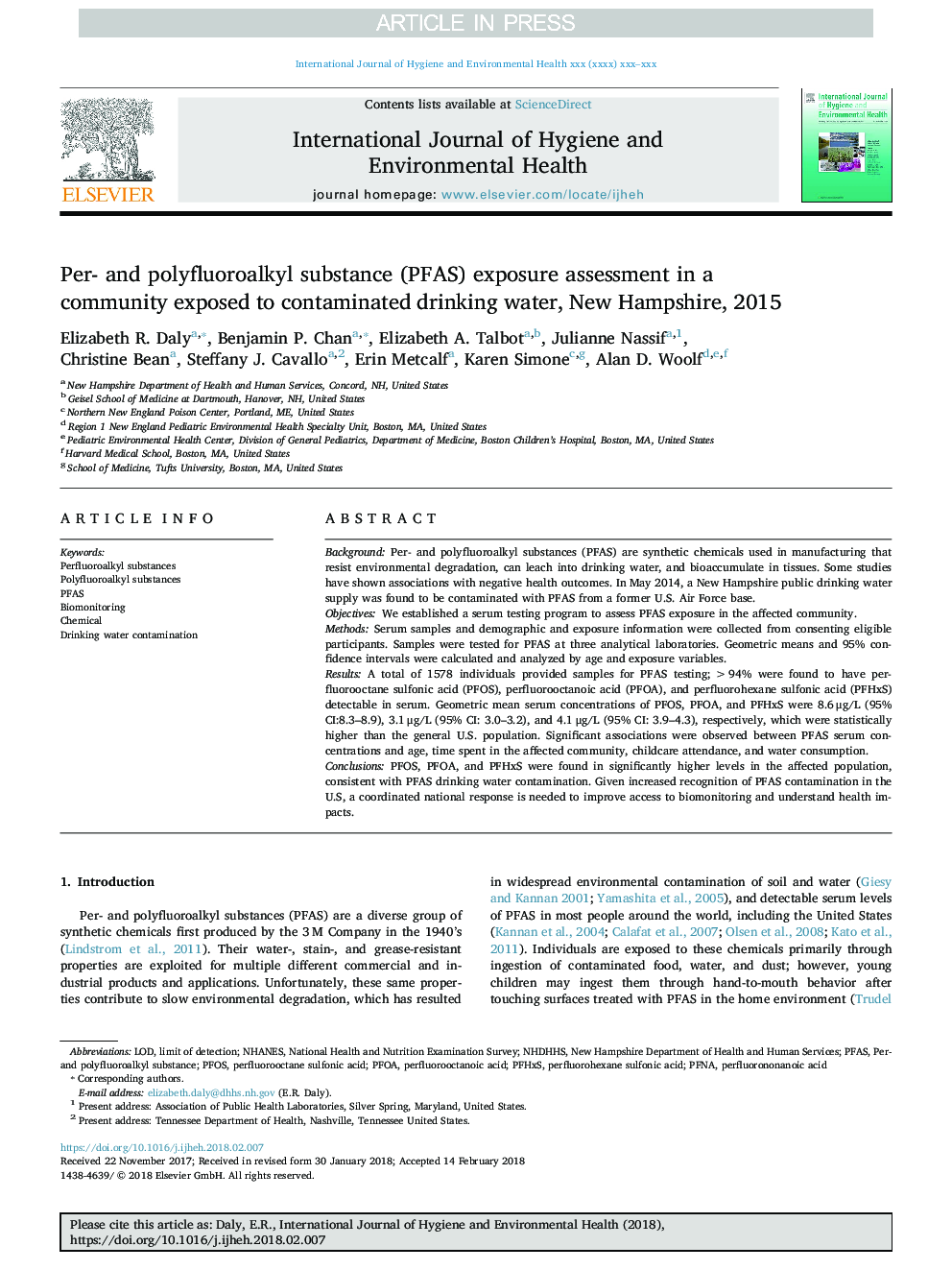 Per- and polyfluoroalkyl substance (PFAS) exposure assessment in a community exposed to contaminated drinking water, New Hampshire, 2015