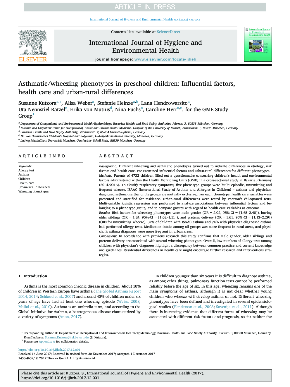 Asthmatic/wheezing phenotypes in preschool children: Influential factors, health care and urban-rural differences