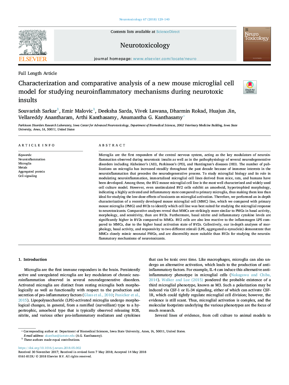 Characterization and comparative analysis of a new mouse microglial cell model for studying neuroinflammatory mechanisms during neurotoxic insults