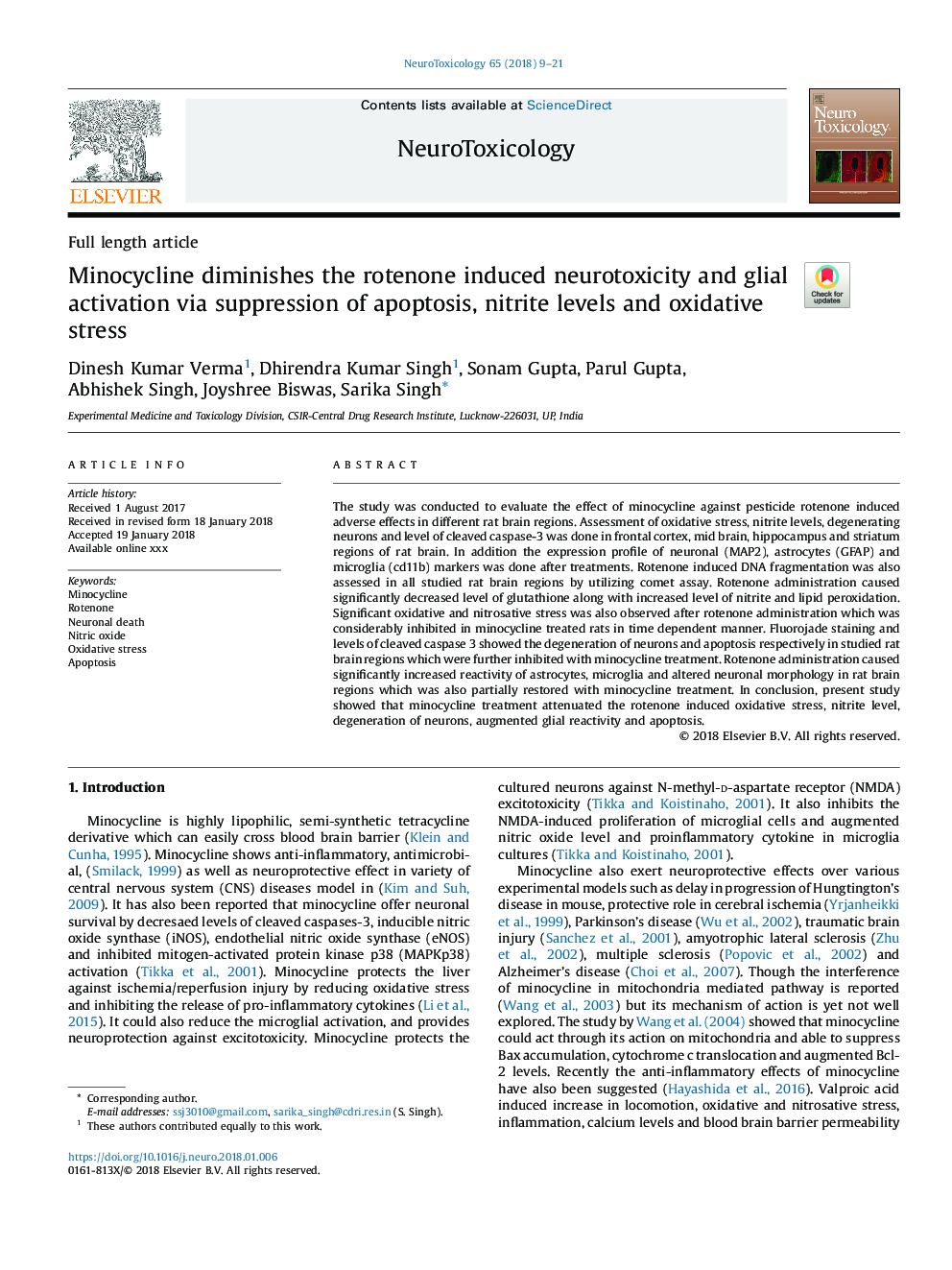 Minocycline diminishes the rotenone induced neurotoxicity and glial activation via suppression of apoptosis, nitrite levels and oxidative stress