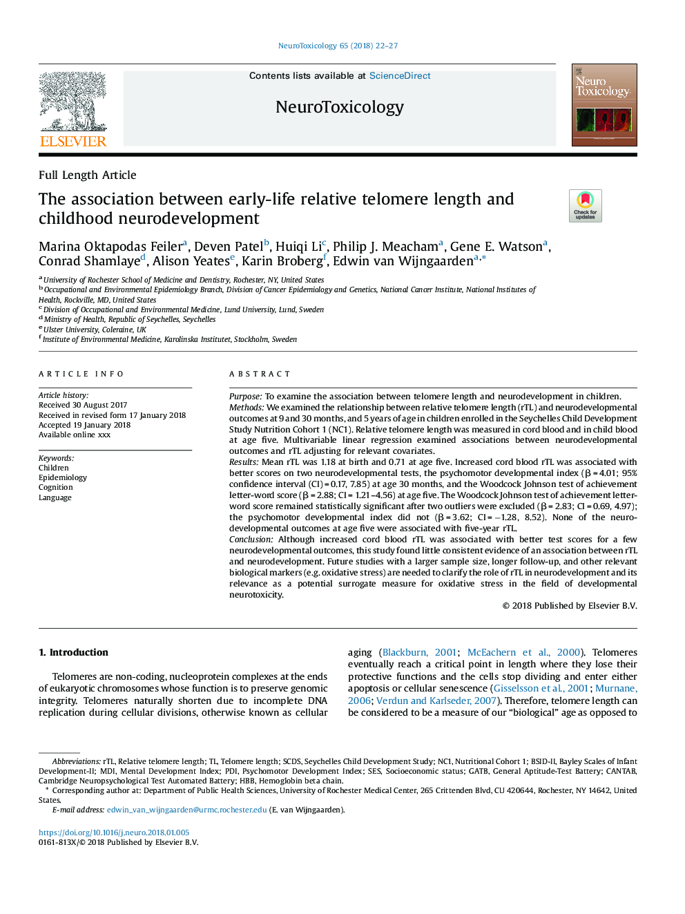 The association between early-life relative telomere length and childhood neurodevelopment