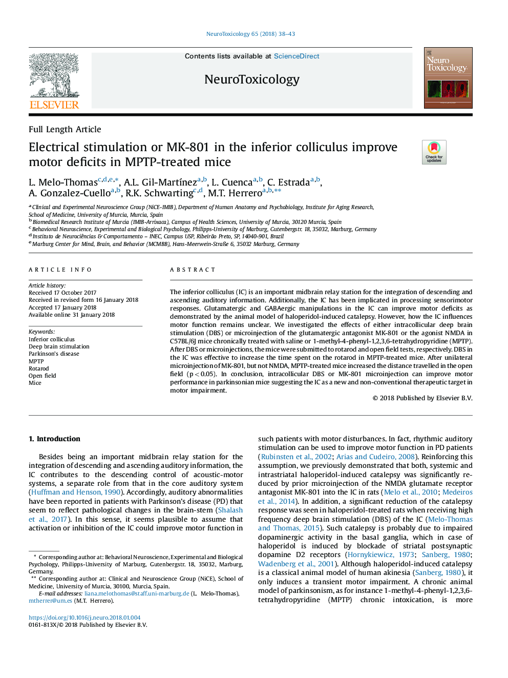 Electrical stimulation or MK-801 in the inferior colliculus improve motor deficits in MPTP-treated mice