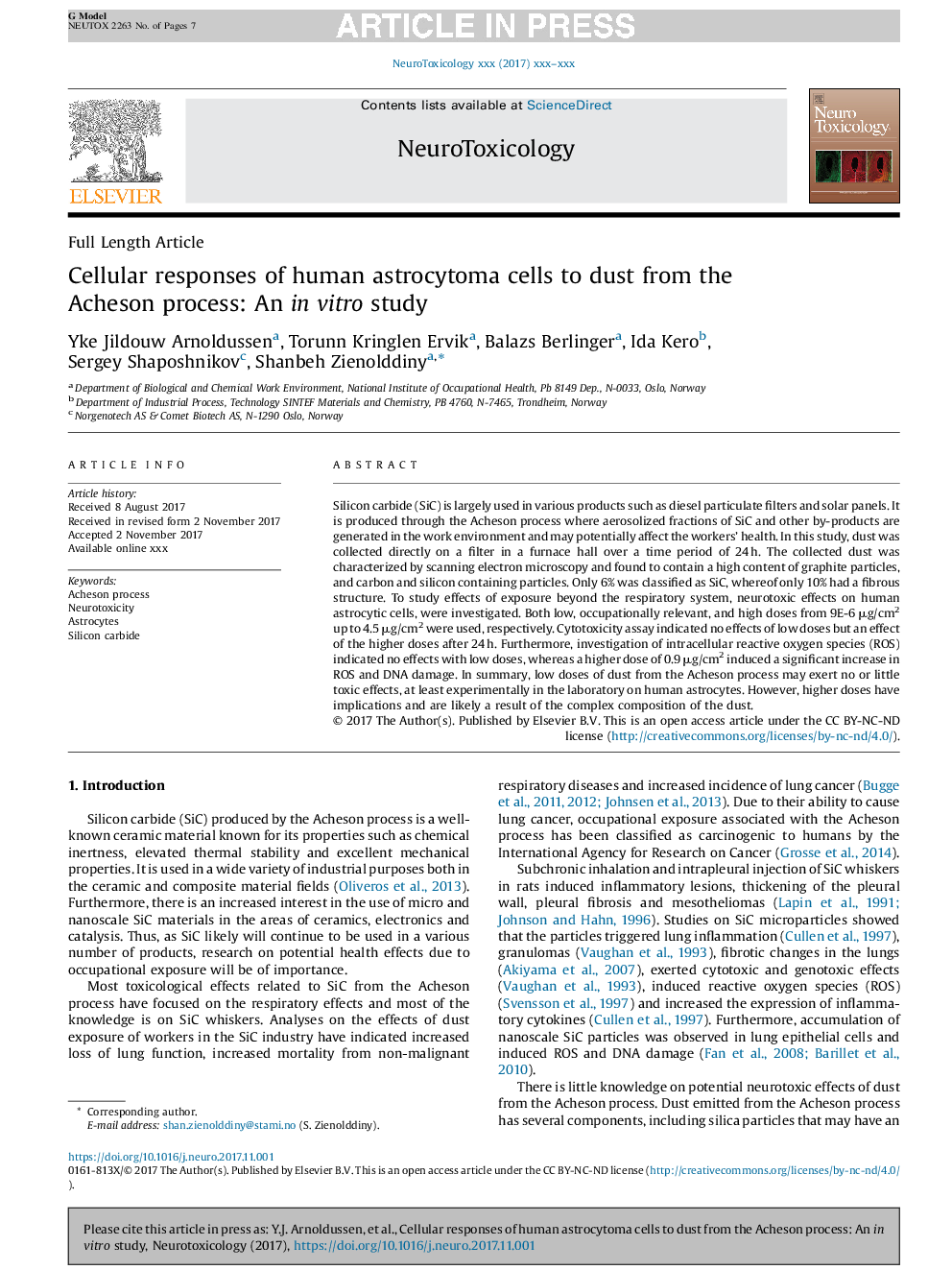 Cellular responses of human astrocytoma cells to dust from the Acheson process: An in vitro study