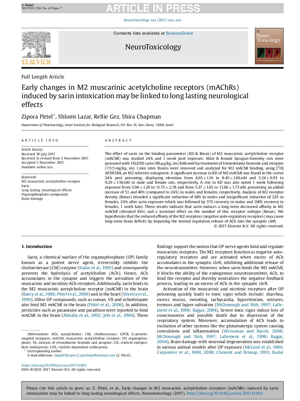 Early changes in M2 muscarinic acetylcholine receptors (mAChRs) induced by sarin intoxication may be linked to long lasting neurological effects