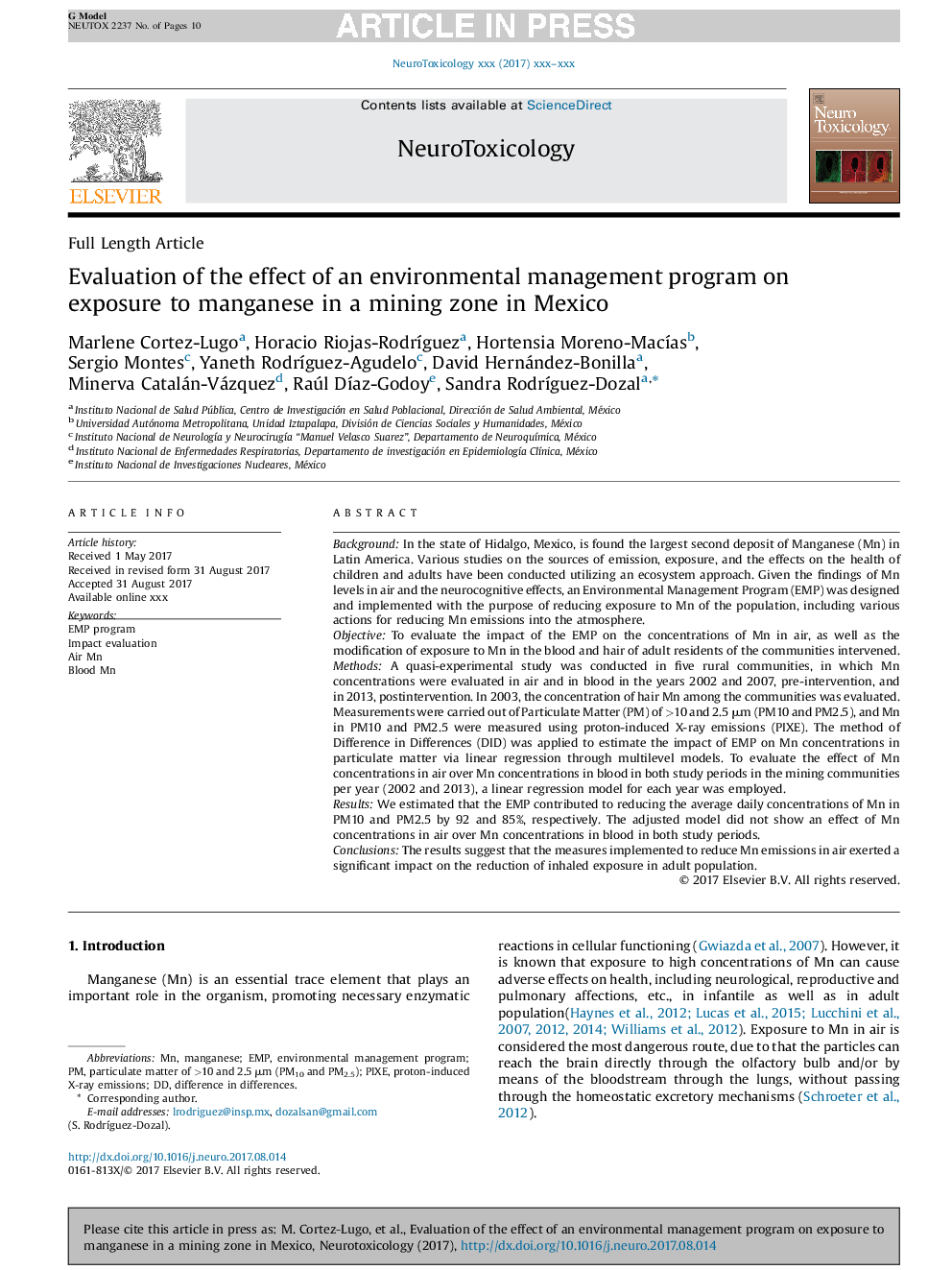 Evaluation of the effect of an environmental management program on exposure to manganese in a mining zone in Mexico