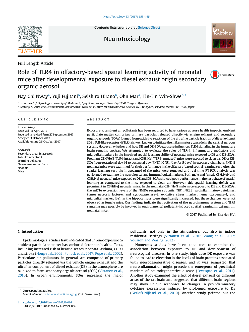 Role of TLR4 in olfactory-based spatial learning activity of neonatal mice after developmental exposure to diesel exhaust origin secondary organic aerosol