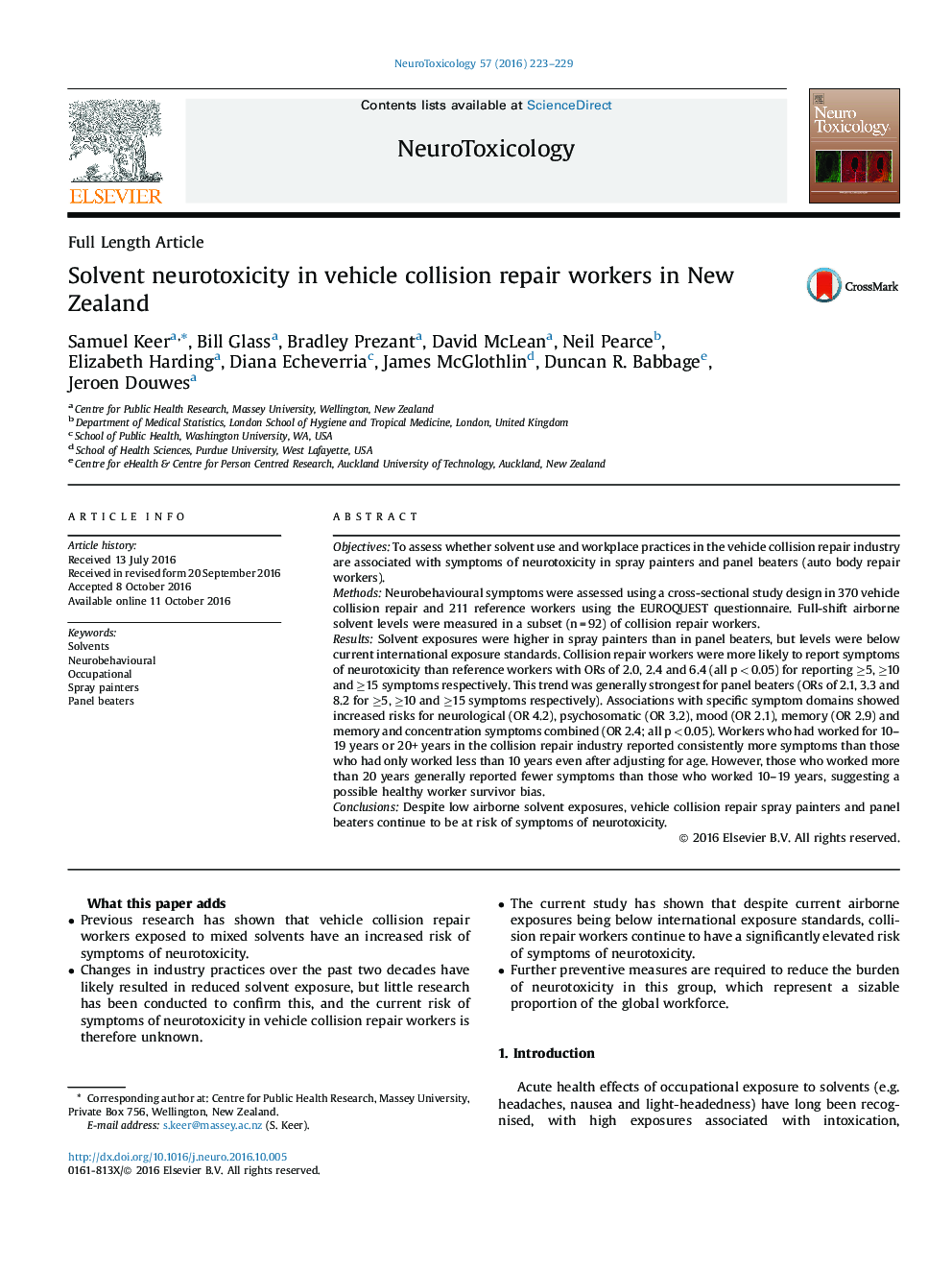 Solvent neurotoxicity in vehicle collision repair workers in New Zealand