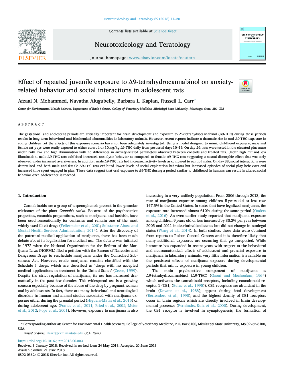 عکس صفحه اول مقاله: Effect of repeated juvenile exposure to Î9âtetrahydrocannabinol on anxiety-related behavior and social interactions in adolescent rats Effect of repeated juvenile exposure to Î9âtetrahydrocannabinol on anxiety-related behavior and social interactions in adolescent rats