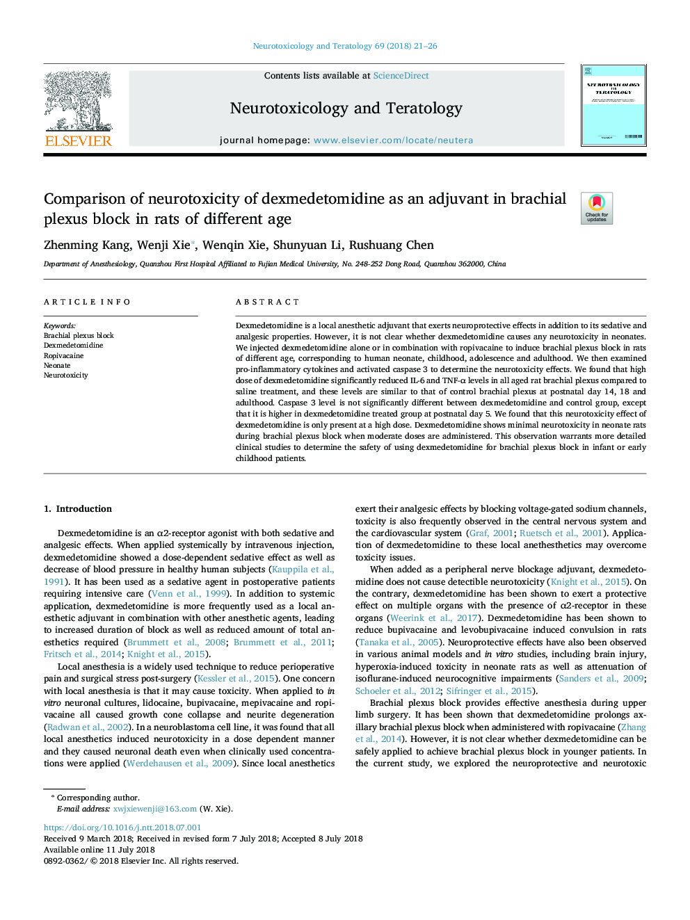 Comparison of neurotoxicity of dexmedetomidine as an adjuvant in brachial plexus block in rats of different age