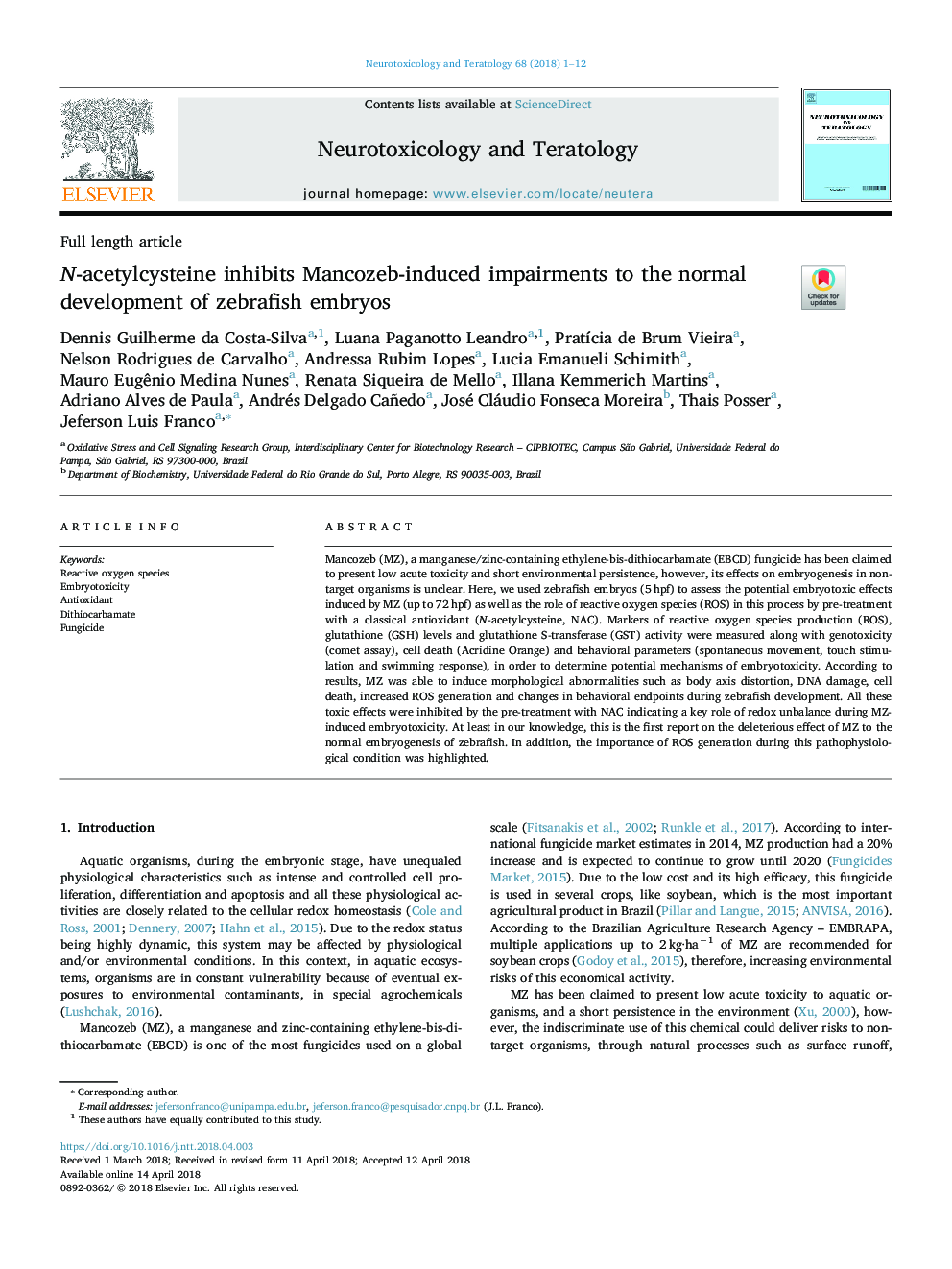 N-acetylcysteine inhibits Mancozeb-induced impairments to the normal development of zebrafish embryos