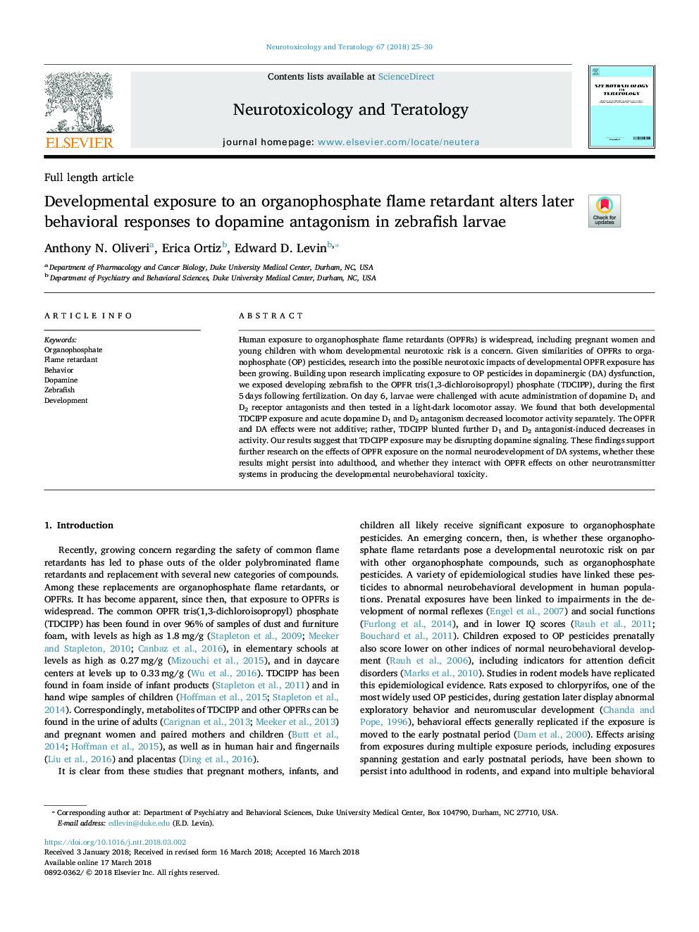 Developmental exposure to an organophosphate flame retardant alters later behavioral responses to dopamine antagonism in zebrafish larvae