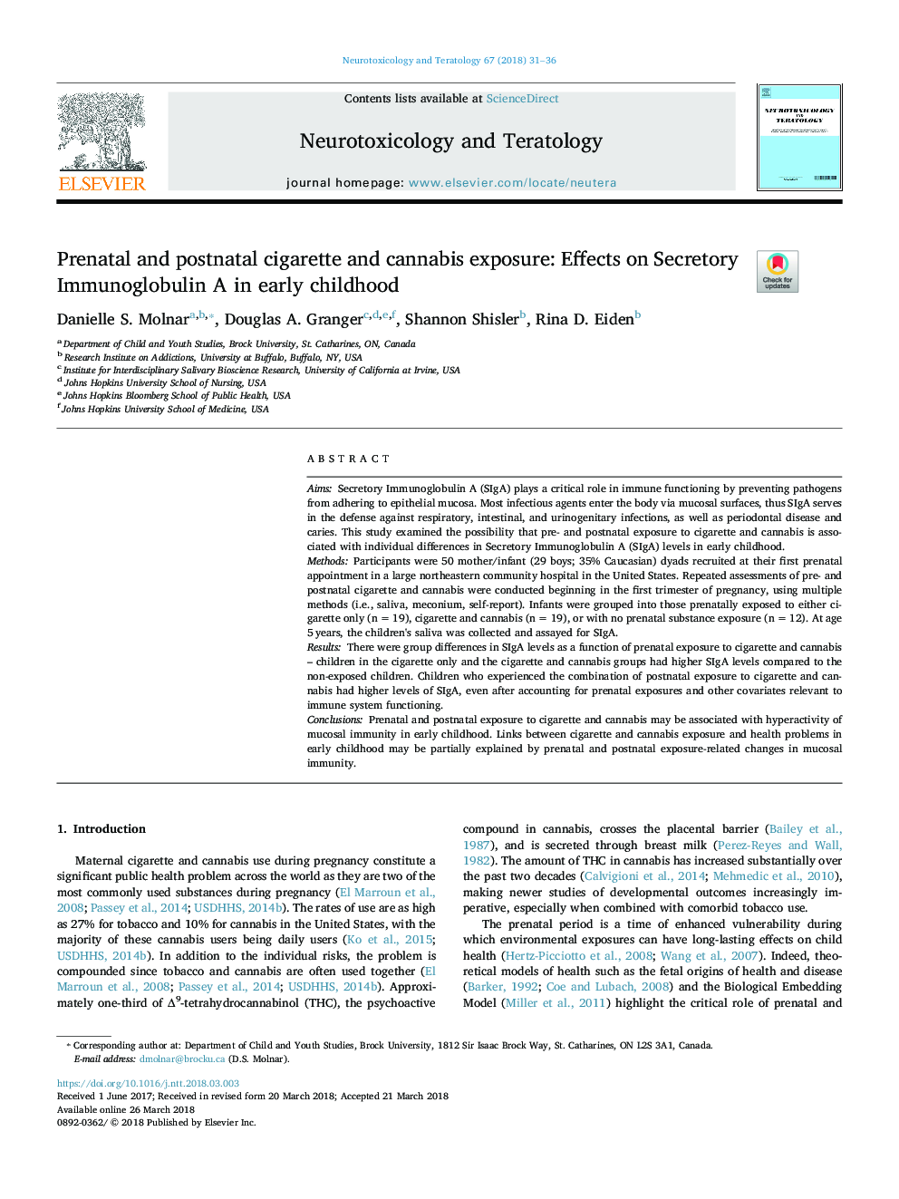 Prenatal and postnatal cigarette and cannabis exposure: Effects on Secretory Immunoglobulin A in early childhood