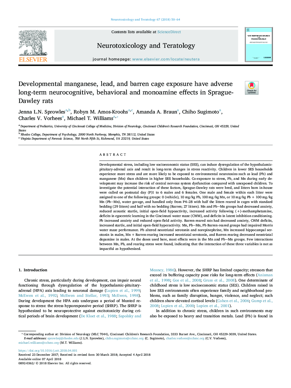 Developmental manganese, lead, and barren cage exposure have adverse long-term neurocognitive, behavioral and monoamine effects in Sprague-Dawley rats