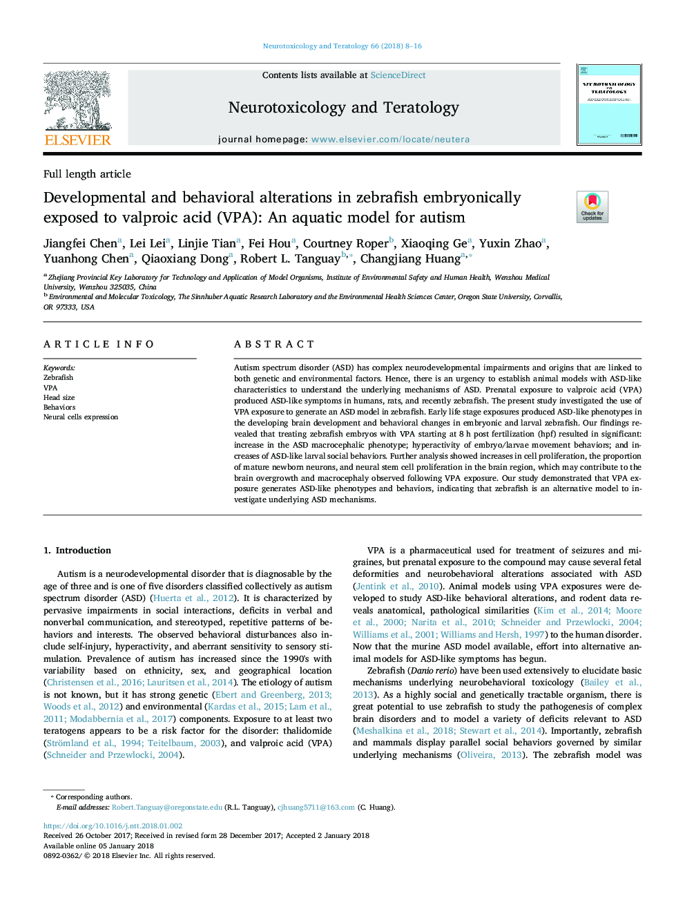 Developmental and behavioral alterations in zebrafish embryonically exposed to valproic acid (VPA): An aquatic model for autism