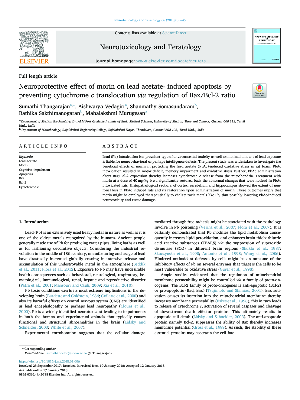 Neuroprotective effect of morin on lead acetate- induced apoptosis by preventing cytochrome c translocation via regulation of Bax/Bcl-2 ratio