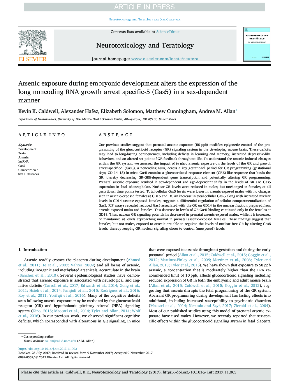 Arsenic exposure during embryonic development alters the expression of the long noncoding RNA growth arrest specific-5 (Gas5) in a sex-dependent manner