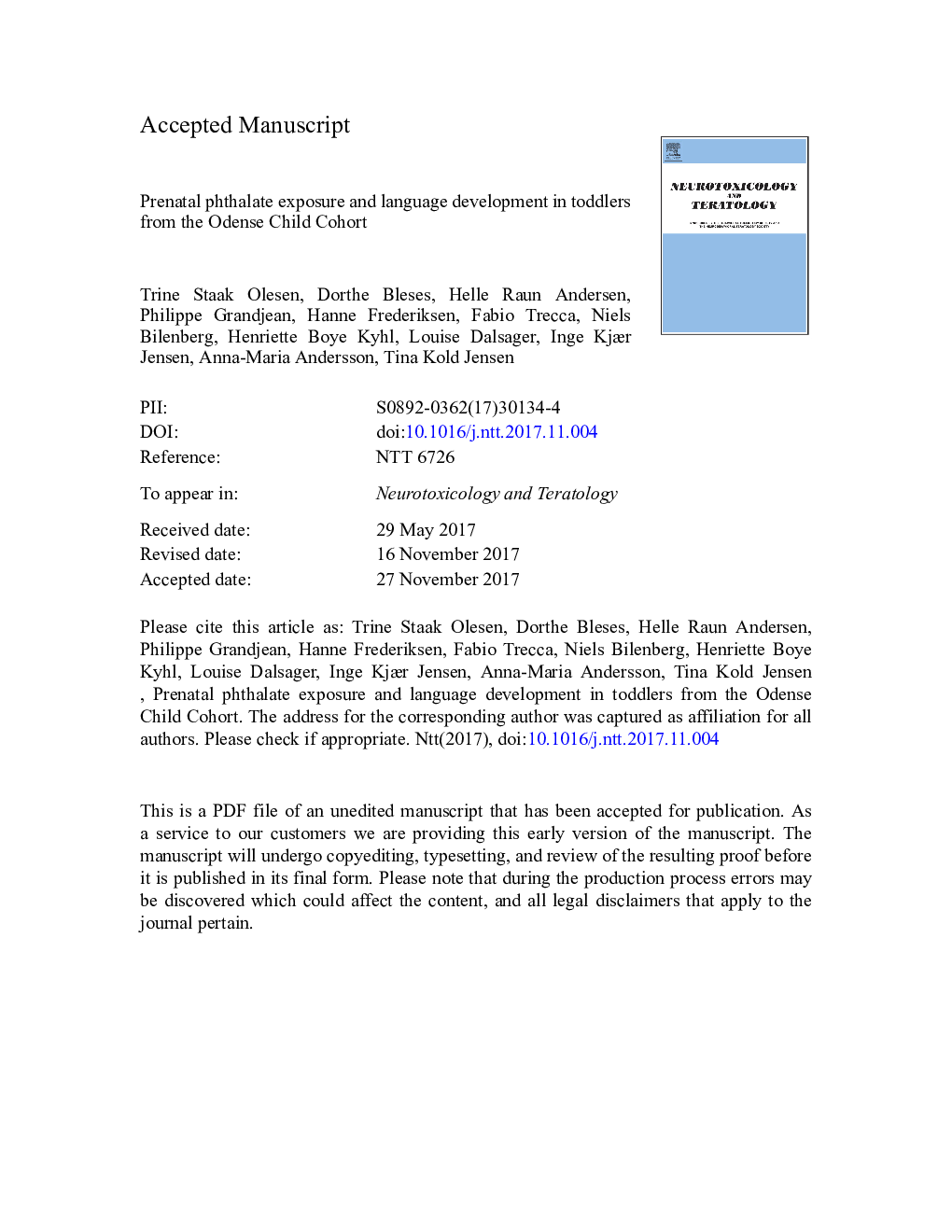 Prenatal phthalate exposure and language development in toddlers from the Odense Child Cohort