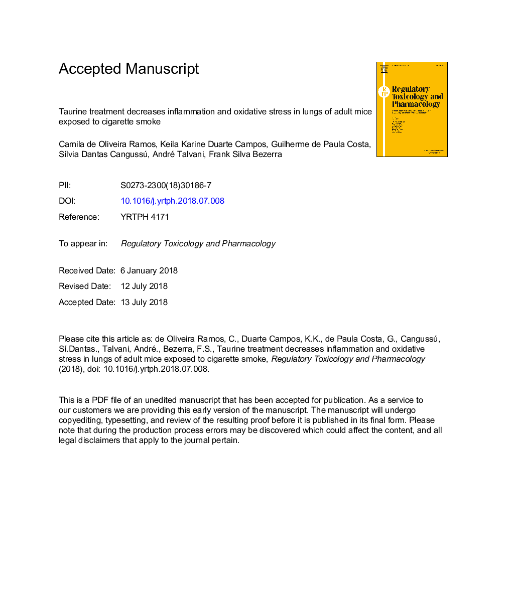 Taurine treatment decreases inflammation and oxidative stress in lungs of adult mice exposed to cigarette smoke