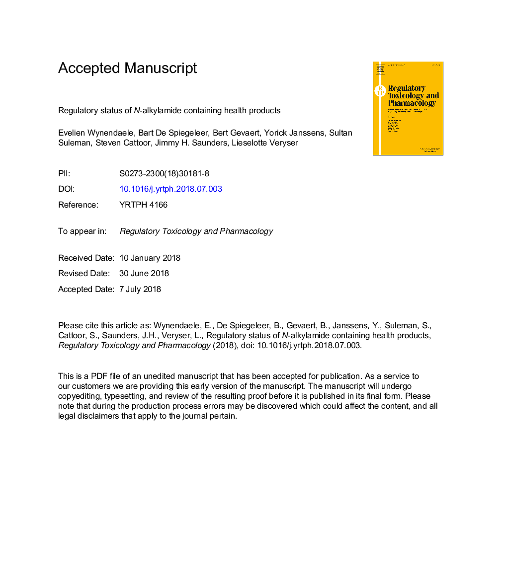 Regulatory status of N-alkylamide containing health products