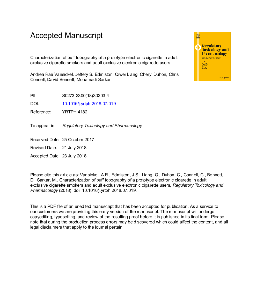 Characterization of puff topography of a prototype electronic cigarette in adult exclusive cigarette smokers and adult exclusive electronic cigarette users