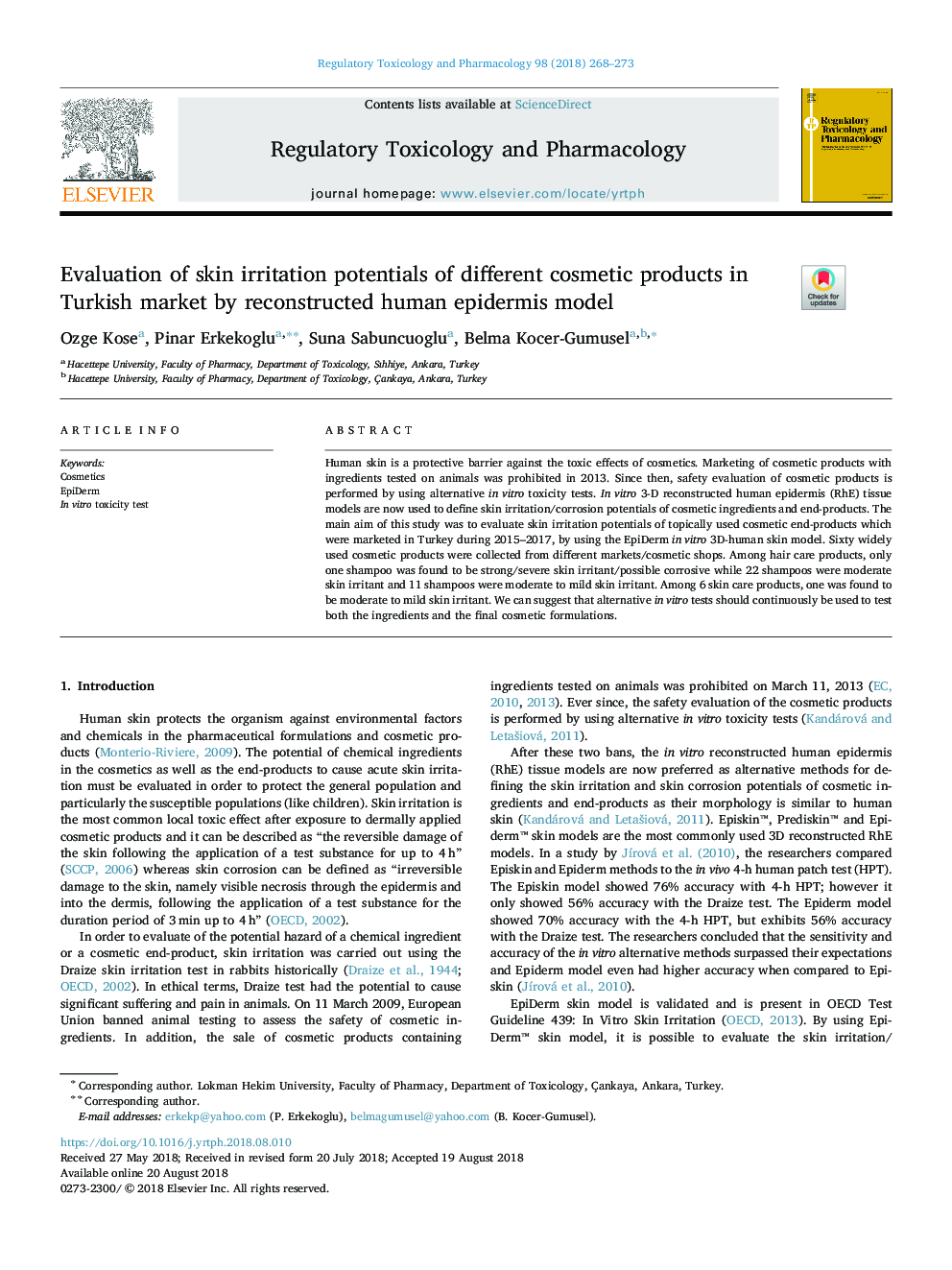 Evaluation of skin irritation potentials of different cosmetic products in Turkish market by reconstructed human epidermis model