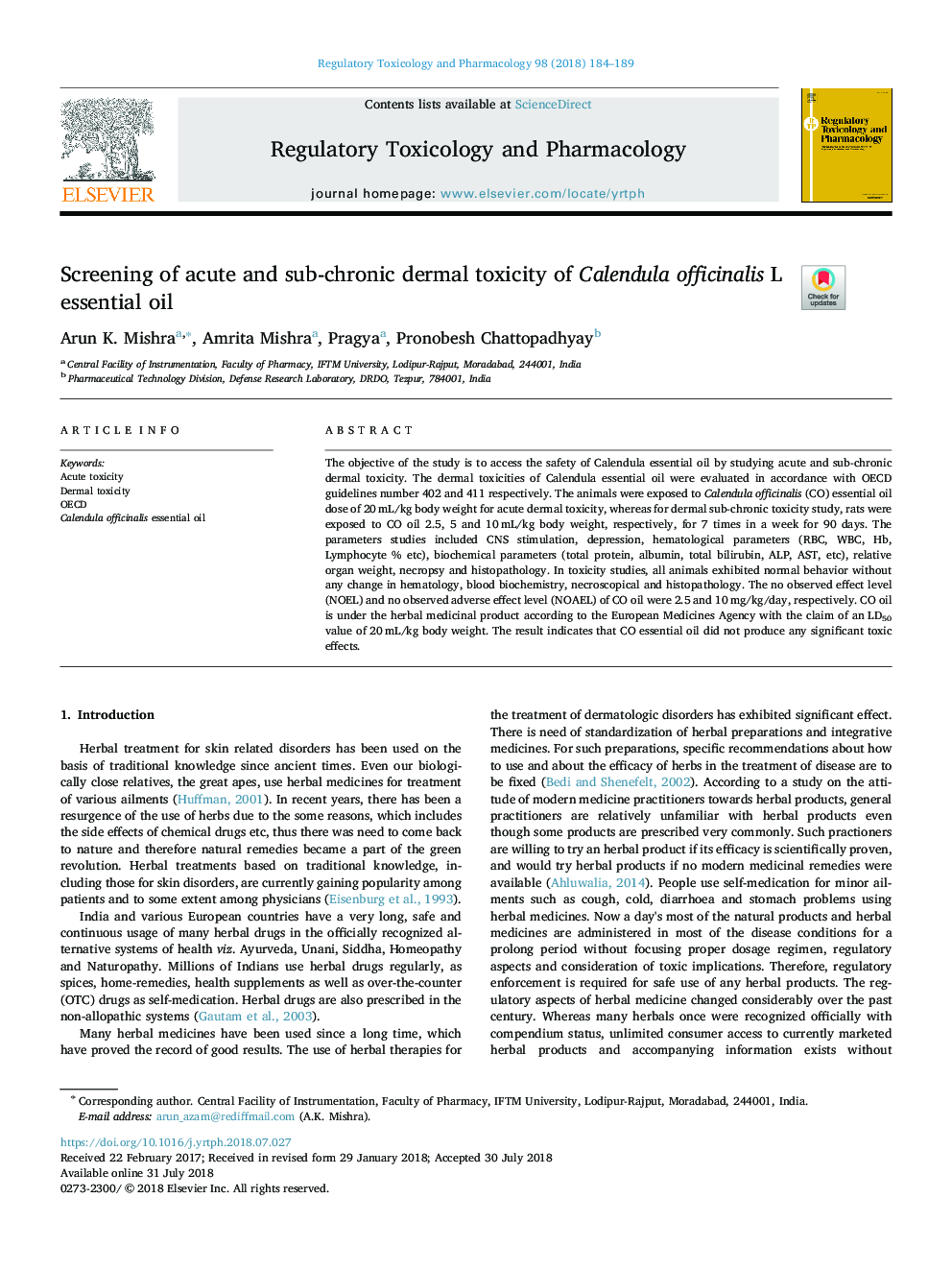 Screening of acute and sub-chronic dermal toxicity of Calendula officinalis L essential oil